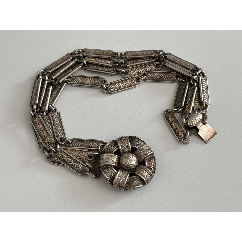 Vintage Goldette Etruscan Revival Style Silver Tone Bracelet Flower Clasp